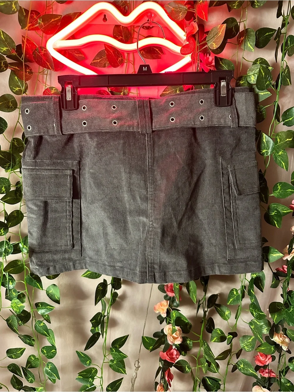 Women’s Corduroy Cargo Mini Skirt with Belt - Charcoal